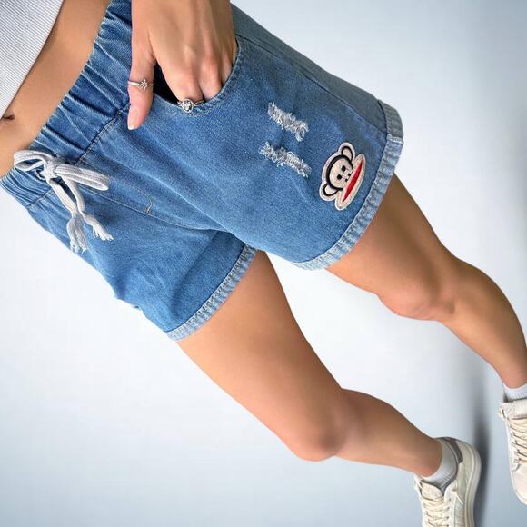 Paul Frank Y2K Denim Drawstring Shorts Julius Monkey Patch Medium - Picture 8 of 8